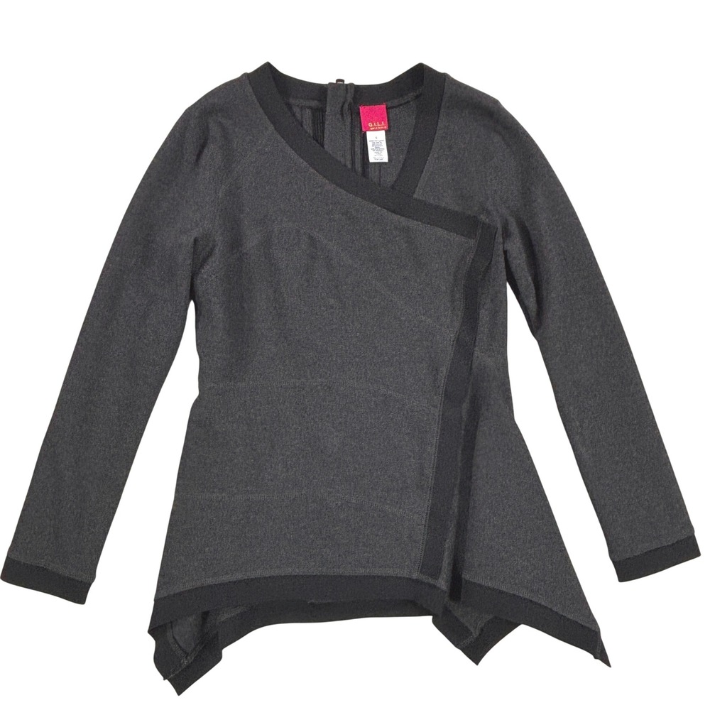 G.I.L.I. Got It Love It Gray Asymmetric Sharkbite Hem Back Zip Wrap Top Size 6